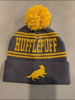 Hufflepuff Pom-Pom Beanie Hat - Gray and Yellow